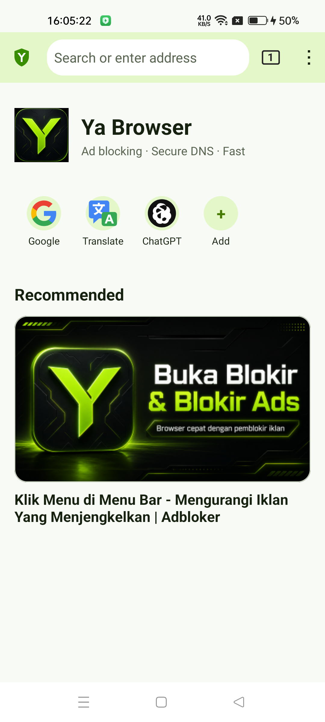 Tampilan homepage Ya Browser di Android